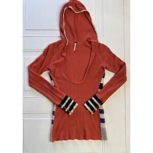 Free People Red Orange Long Sleeve Thermal Hooded Sweatshirt Scoop Neck Small
